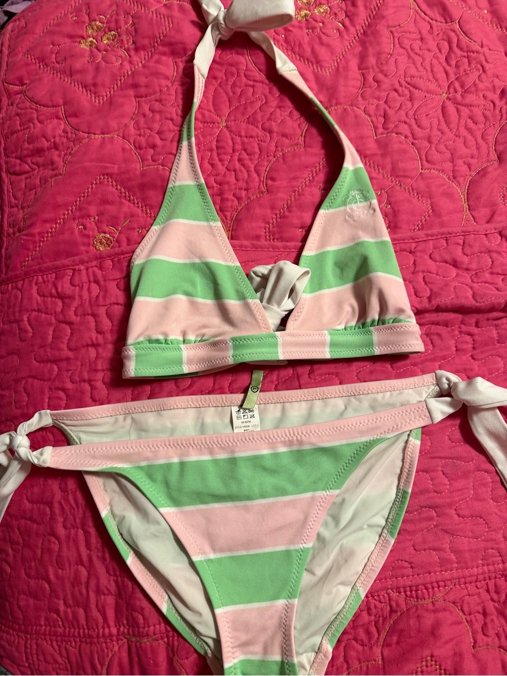 Like New Y2k Vintage Juicy Couture pink green Terry Cloth Swimsuit 2 Piece Bikin